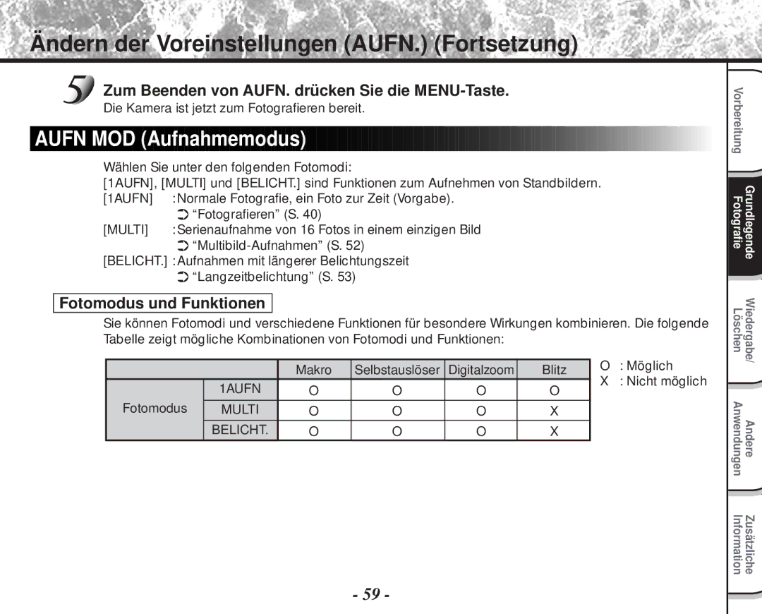 Toshiba PDR-M60 Ändern der Voreinstellungen AUFN. Fortsetzung, Aufn MOD Aufnahmemodus, Fotomodus und Funktionen 