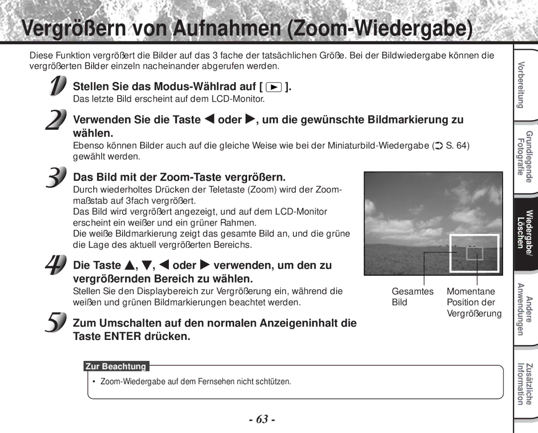 Toshiba PDR-M60 instruction manual Vergrößern von Aufnahmen Zoom-Wiedergabe, Das Bild mit der Zoom-Taste vergrößern 