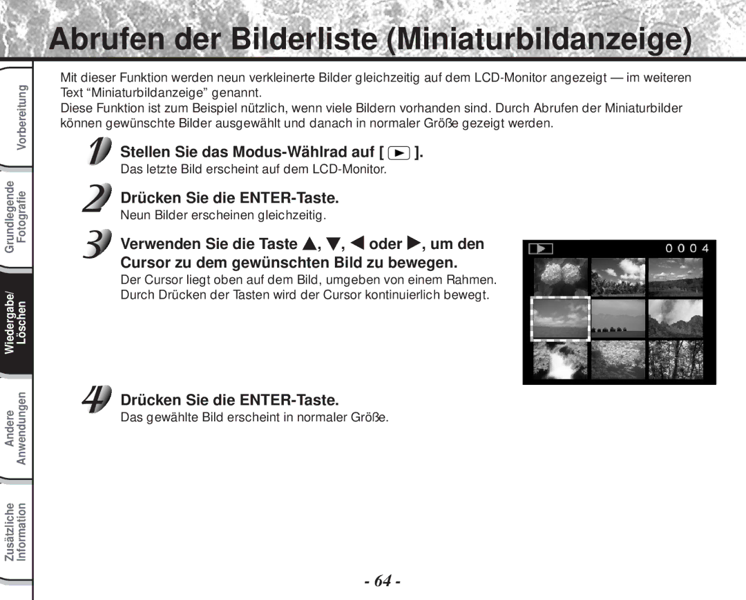 Toshiba PDR-M60 instruction manual Abrufen der Bilderliste Miniaturbildanzeige, Drücken Sie die ENTER-Taste 