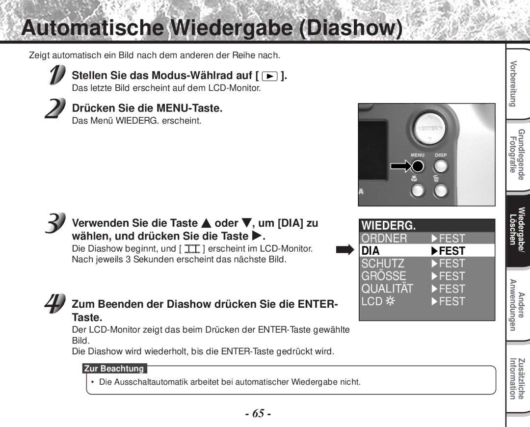 Toshiba PDR-M60 instruction manual Automatische Wiedergabe Diashow, Zum Beenden der Diashow drücken Sie die ENTER- Taste 