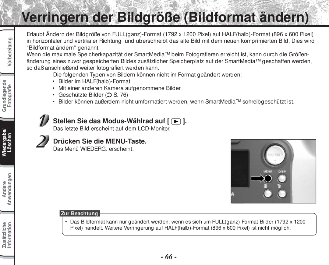 Toshiba PDR-M60 instruction manual Verringern der Bildgröße Bildformat ändern 