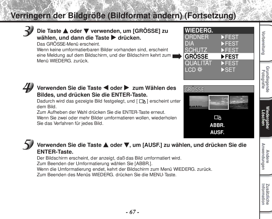 Toshiba PDR-M60 instruction manual Verringern der Bildgröße Bildformat ändern Fortsetzung, Grö Sse 