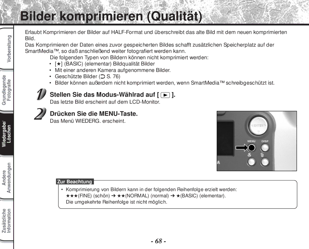 Toshiba PDR-M60 instruction manual Bilder komprimieren Qualität 