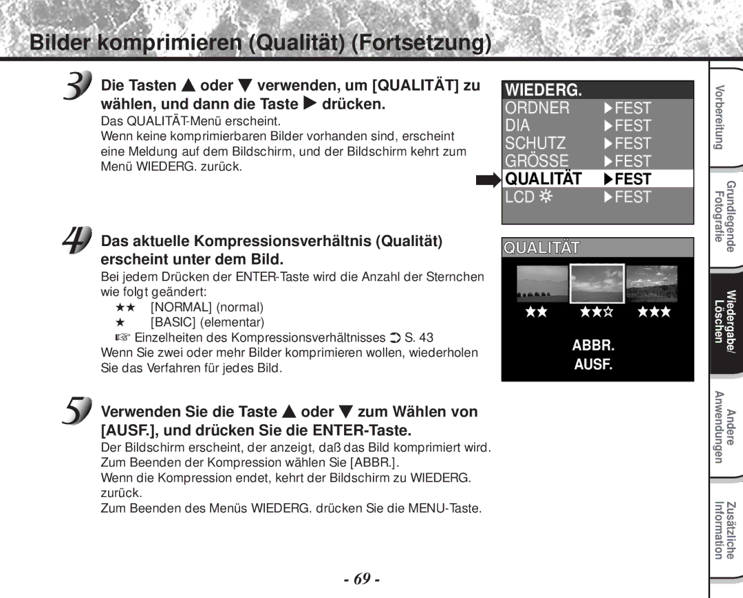 Toshiba PDR-M60 Bilder komprimieren Qualität Fortsetzung, Qualität Fest, Qualitä T, Sie das Verfahren für jedes Bild 