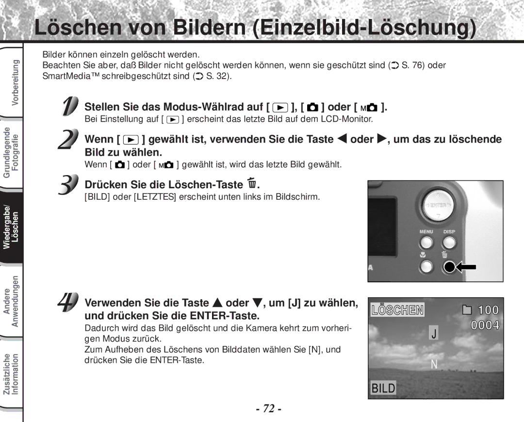 Toshiba PDR-M60 instruction manual Löschen von Bildern Einzelbild-Löschung, Stellen Sie das Modus-Wählrad auf , oder 