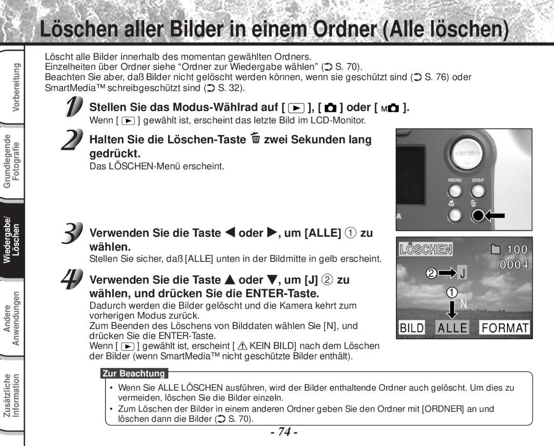 Toshiba PDR-M60 instruction manual Halten Sie die Löschen-Taste zwei Sekunden lang gedrückt, Das LÖSCHEN-Menü erscheint 