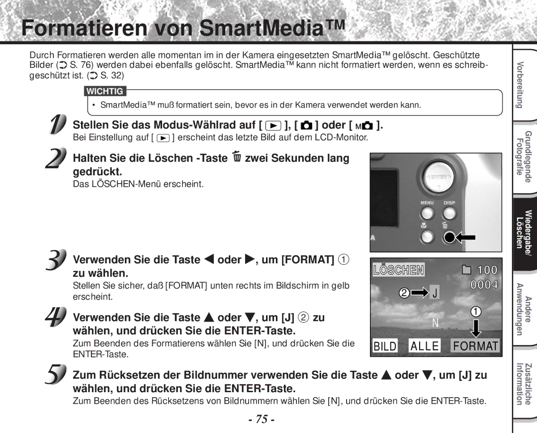 Toshiba PDR-M60 instruction manual Formatieren von SmartMedia, Halten Sie die Löschen -Taste zwei Sekunden lang gedrückt 