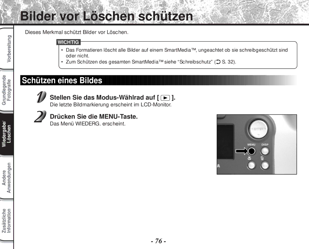 Toshiba PDR-M60 Bilder vor Löschen schützen, Schützen eines Bildes, Dieses Merkmal schützt Bilder vor Löschen 