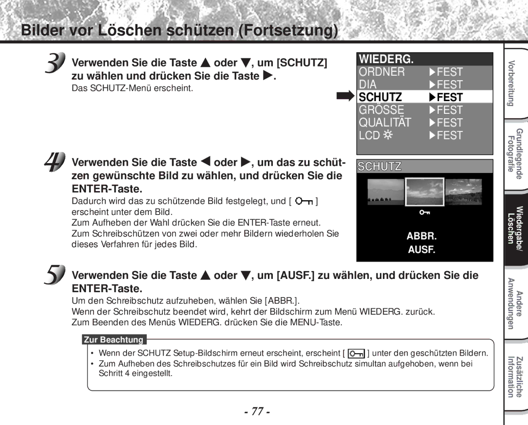 Toshiba PDR-M60 instruction manual Bilder vor Löschen schützen Fortsetzung, Schutz Fest, Das SCHUTZ-Menü erscheint 