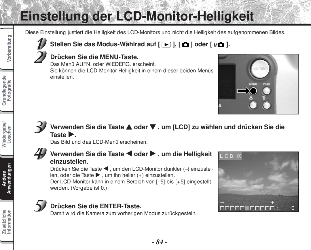 Toshiba PDR-M60 instruction manual Einstellung der LCD-Monitor-Helligkeit, Das Bild und das LCD-Menü erscheinen 