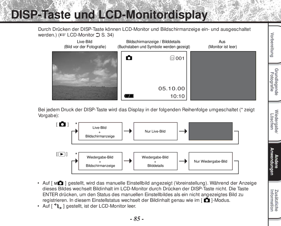 Toshiba PDR-M60 instruction manual DISP-Taste und LCD-Monitordisplay, Auf gestellt, ist der LCD-Monitor leer 