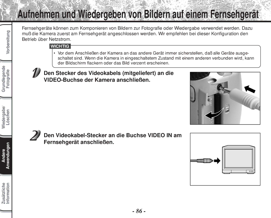 Toshiba PDR-M60 instruction manual Aufnehmen und Wiedergeben von Bildern auf einem Fernsehgerät 