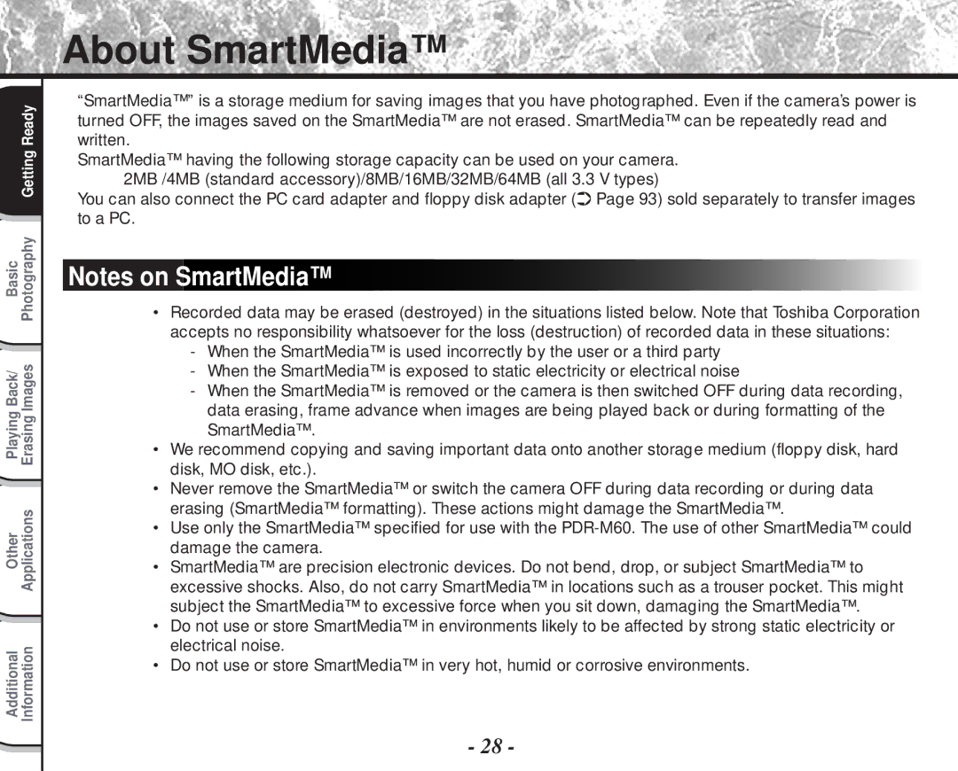 Toshiba PDR-M60 instruction manual About SmartMedia 