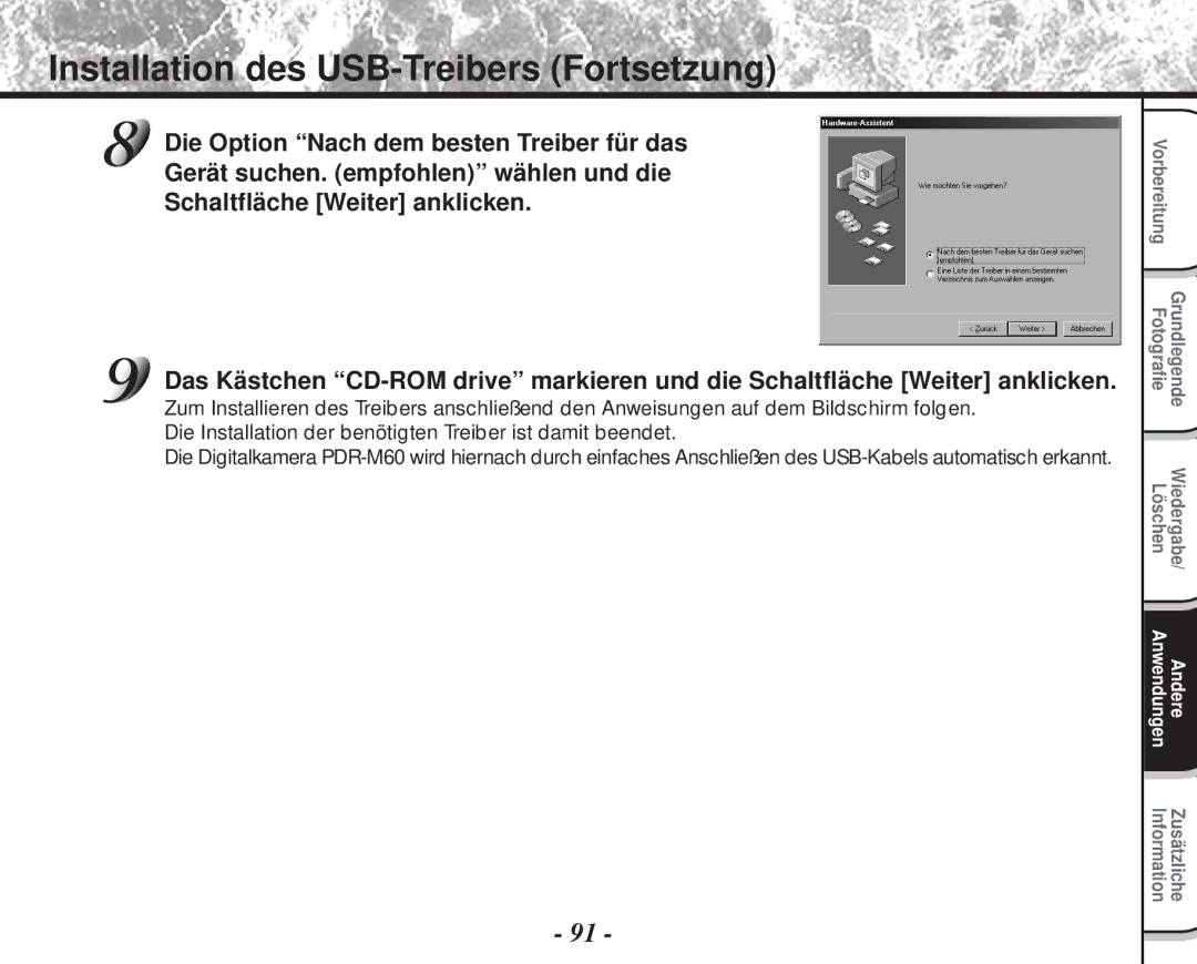 Toshiba PDR-M60 instruction manual Installation des USB-Treibers Fortsetzung 