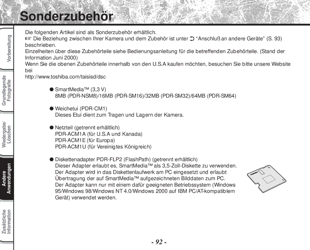 Toshiba PDR-M60 instruction manual Sonderzubehör 