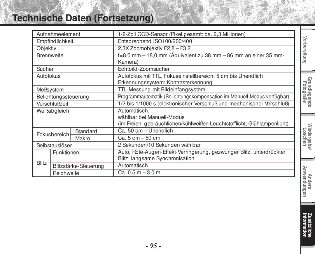 Toshiba PDR-M60 instruction manual Technische Daten Fortsetzung 