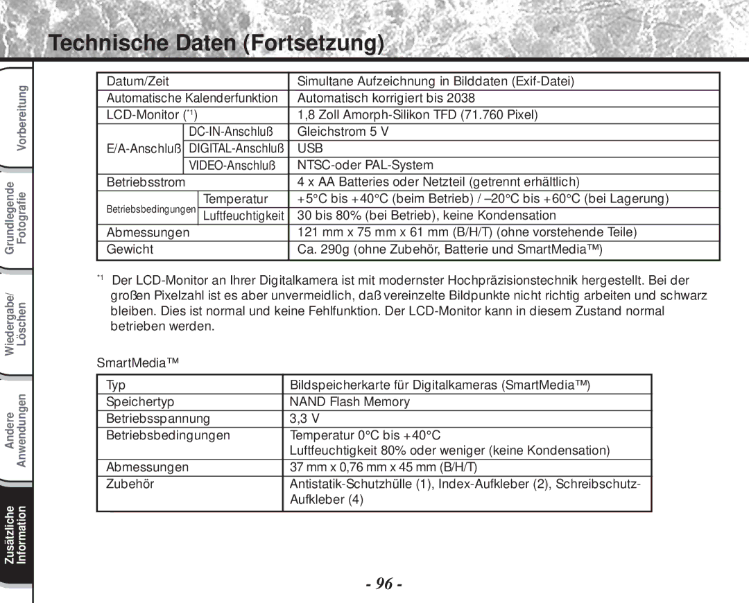 Toshiba PDR-M60 Datum/Zeit Simultane Aufzeichnung in Bilddaten Exif-Datei, Automatisch korrigiert bis, Aufkleber 