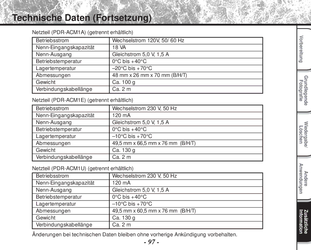 Toshiba PDR-M60 instruction manual Technische Daten Fortsetzung 