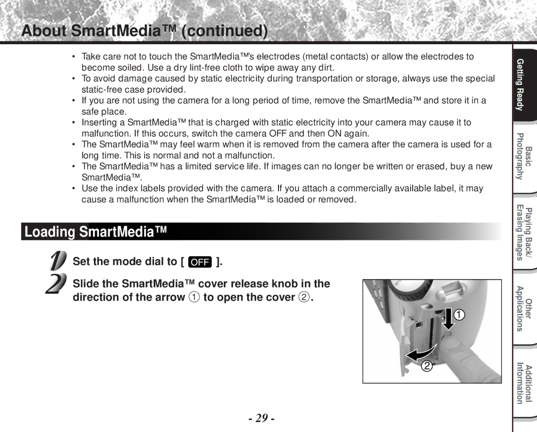 Toshiba PDR-M60 instruction manual About SmartMedia, Loading SmartMedia 