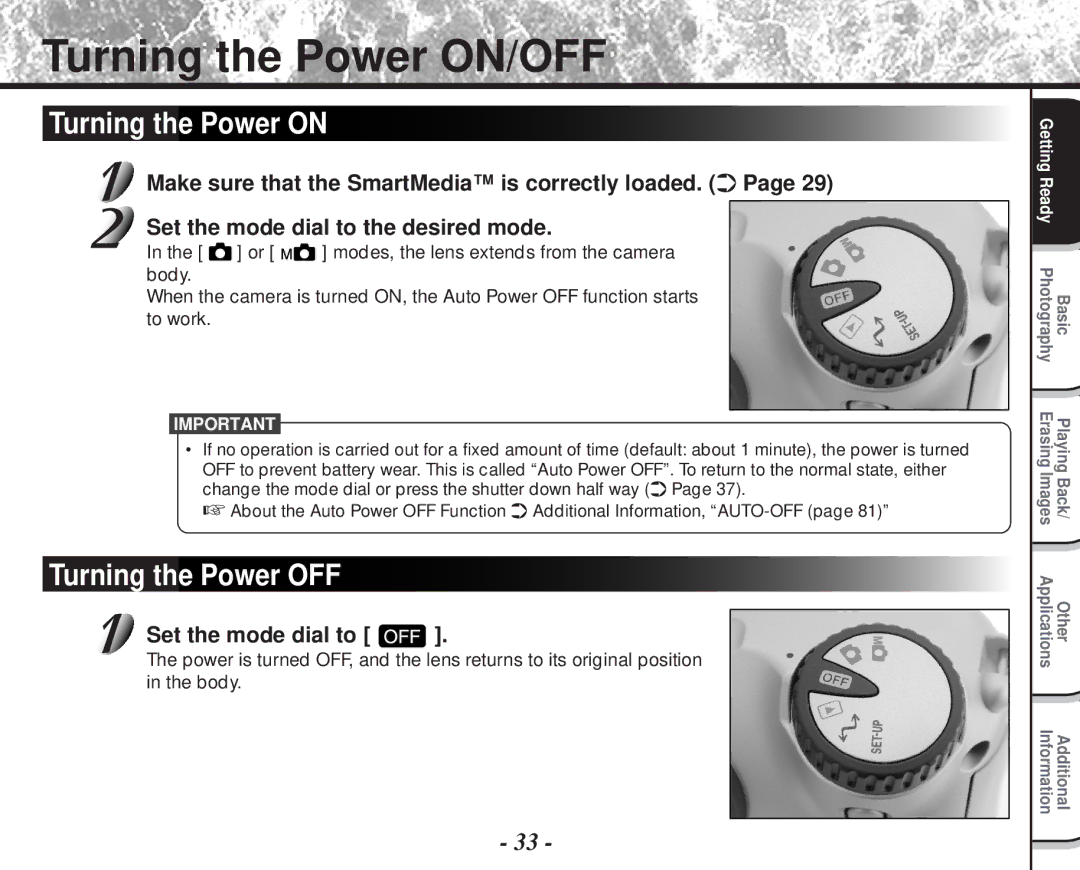 Toshiba PDR-M60 instruction manual Turning the Power ON/OFF, Turning the Power on, Turning the Power OFF 