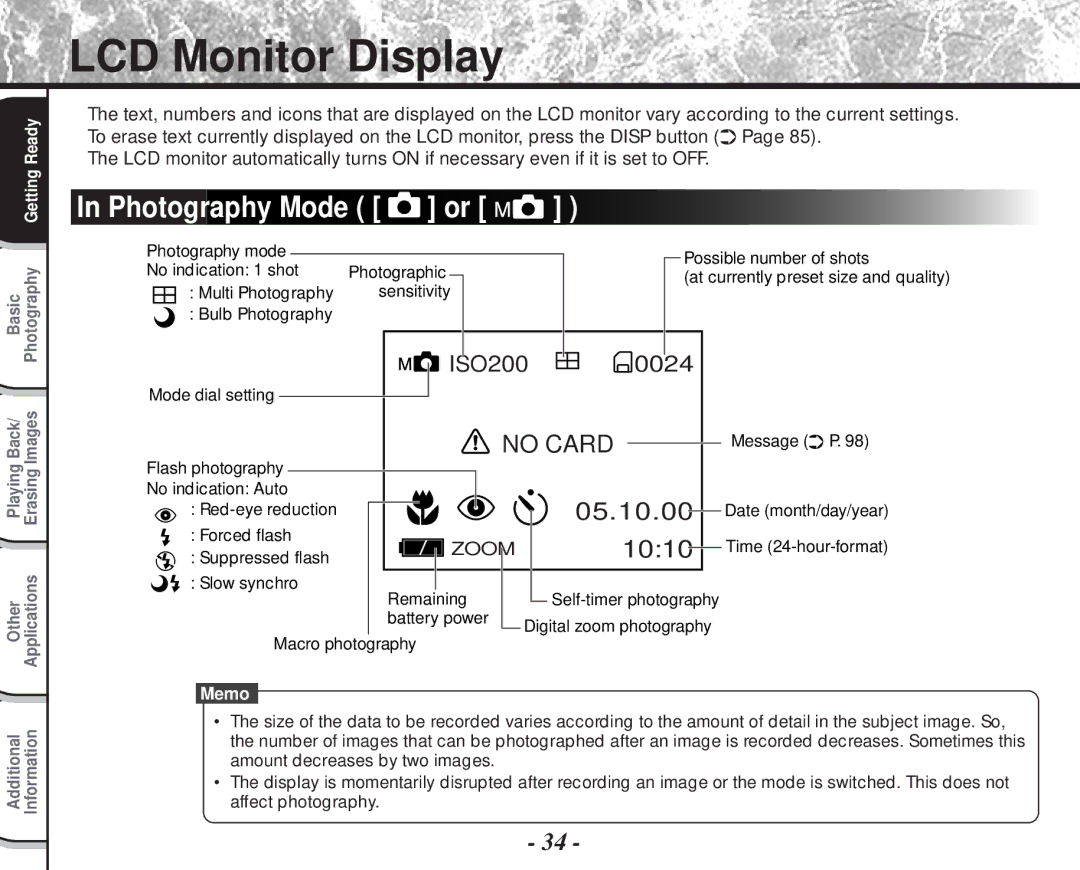 Toshiba PDR-M60 instruction manual LCD Monitor Display, Photography Mode or 