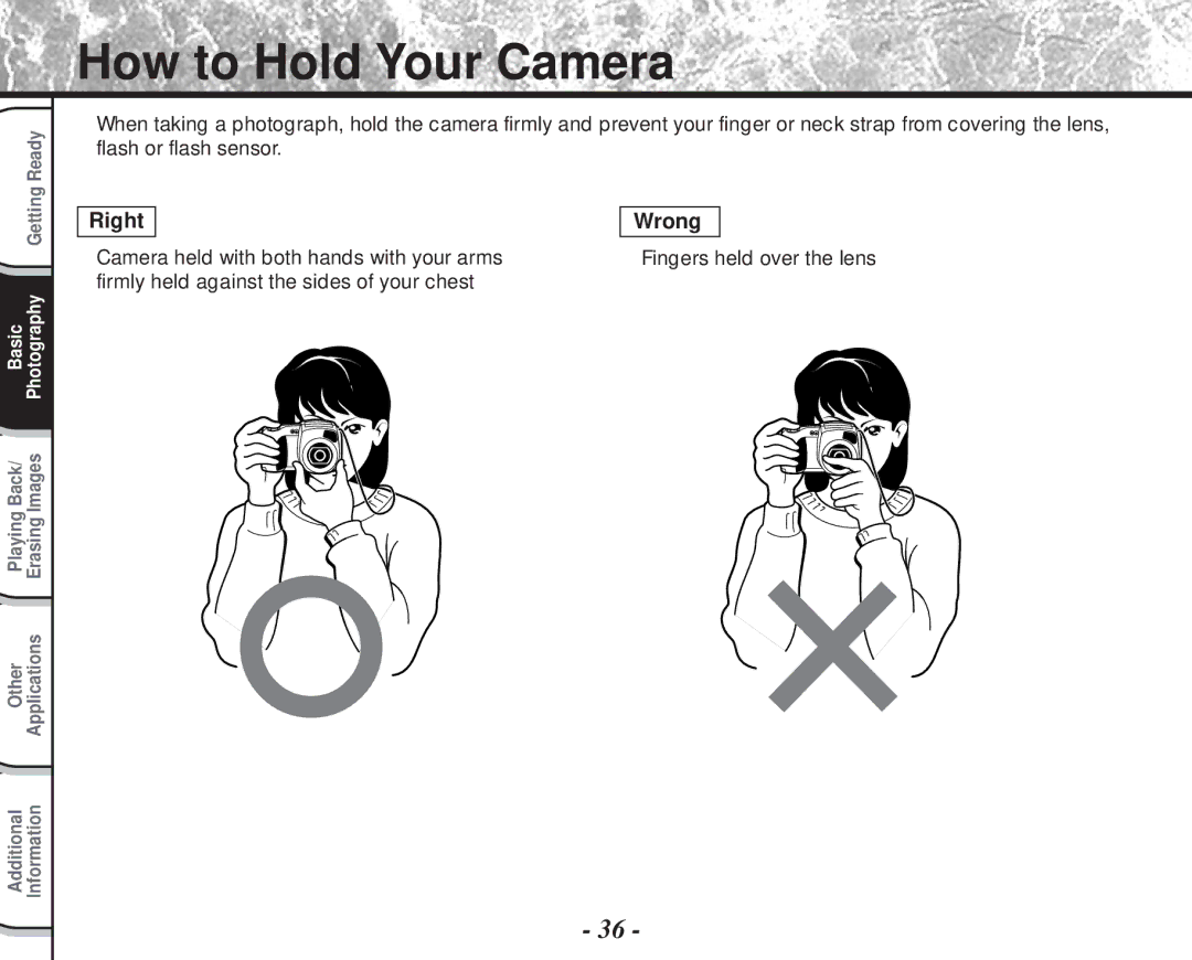 Toshiba PDR-M60 instruction manual How to Hold Your Camera, Camera held with both hands with your arms 