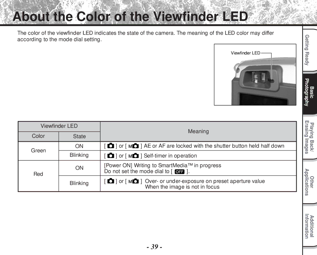 Toshiba PDR-M60 About the Color of the Viewfinder LED, Viewfinder LED Meaning Color State, Self-timer in operation 