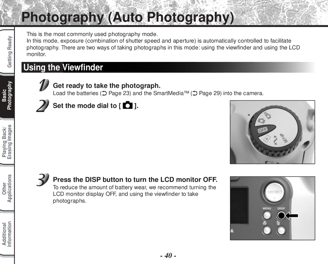 Toshiba PDR-M60 instruction manual Photography Auto Photography, Using the Viewfinder, Get ready to take the photograph 