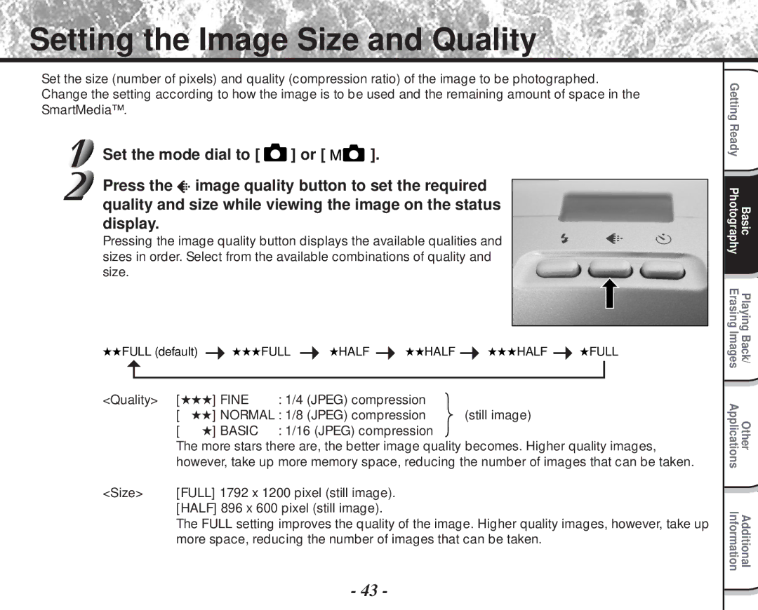 Toshiba PDR-M60 instruction manual Setting the Image Size and Quality, Quality Fine, Normal 1/8 Jpeg compression 