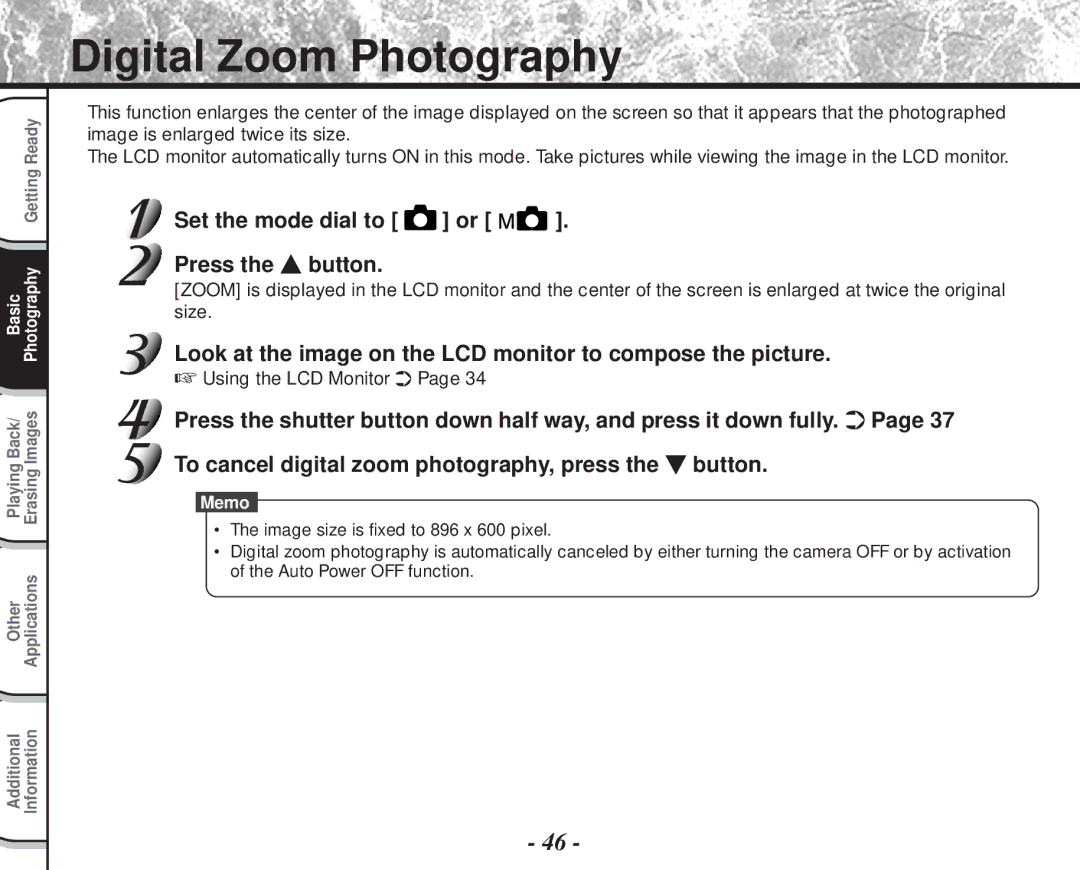 Toshiba PDR-M60 Digital Zoom Photography, Set the mode dial to or Press the button, Using the LCD Monitor 