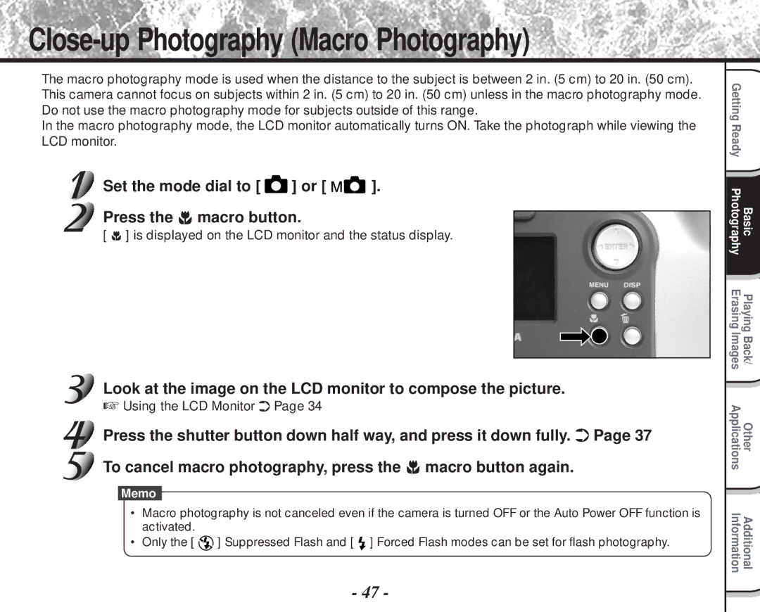 Toshiba PDR-M60 instruction manual Close-up Photography Macro Photography, Set the mode dial to or Press the macro button 