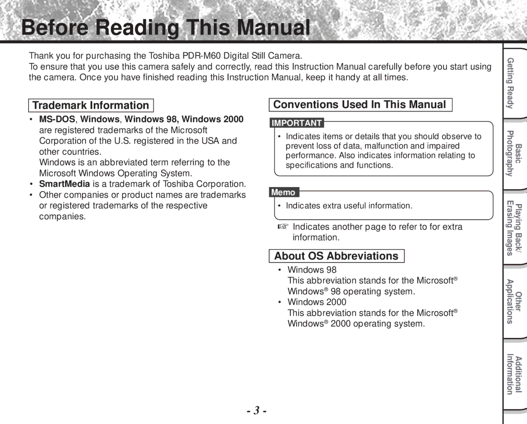 Toshiba PDR-M60 Before Reading This Manual, Trademark Information, Conventions Used In This Manual, About OS Abbreviations 