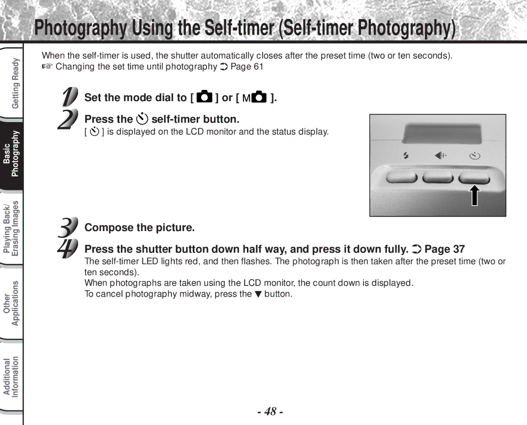 Toshiba PDR-M60 instruction manual Photography Using the Self-timer Self-timer Photography 