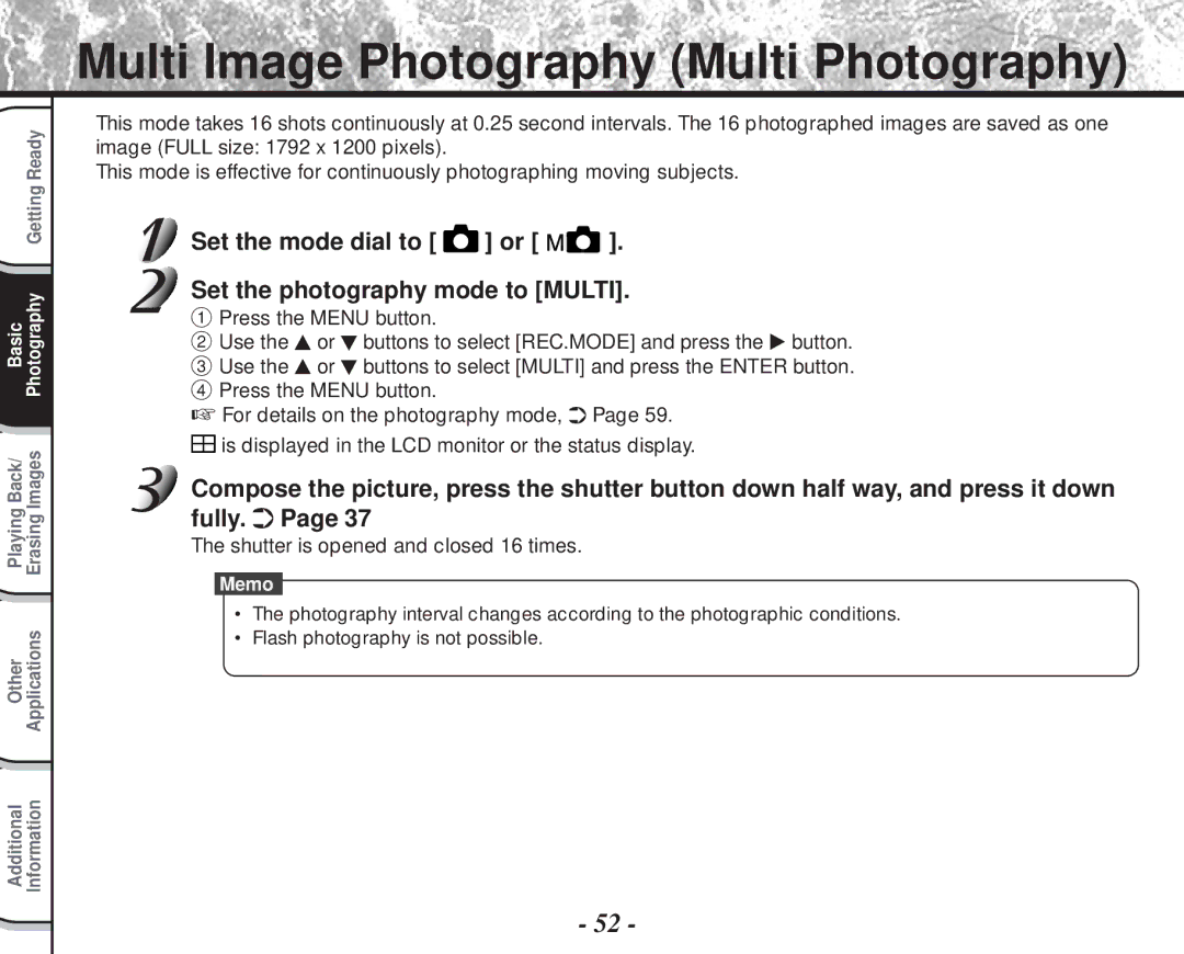 Toshiba PDR-M60 Multi Image Photography Multi Photography, Set the mode dial to or Set the photography mode to Multi 