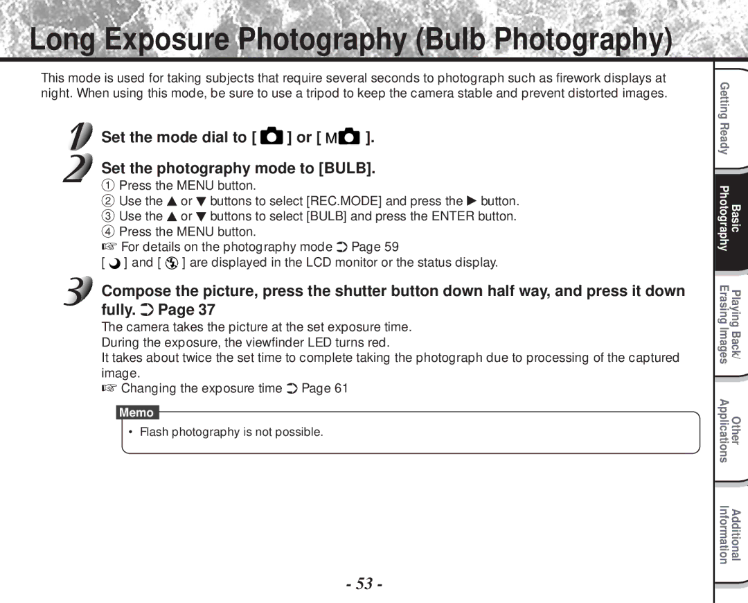 Toshiba PDR-M60 Long Exposure Photography Bulb Photography, Set the mode dial to or Set the photography mode to Bulb 