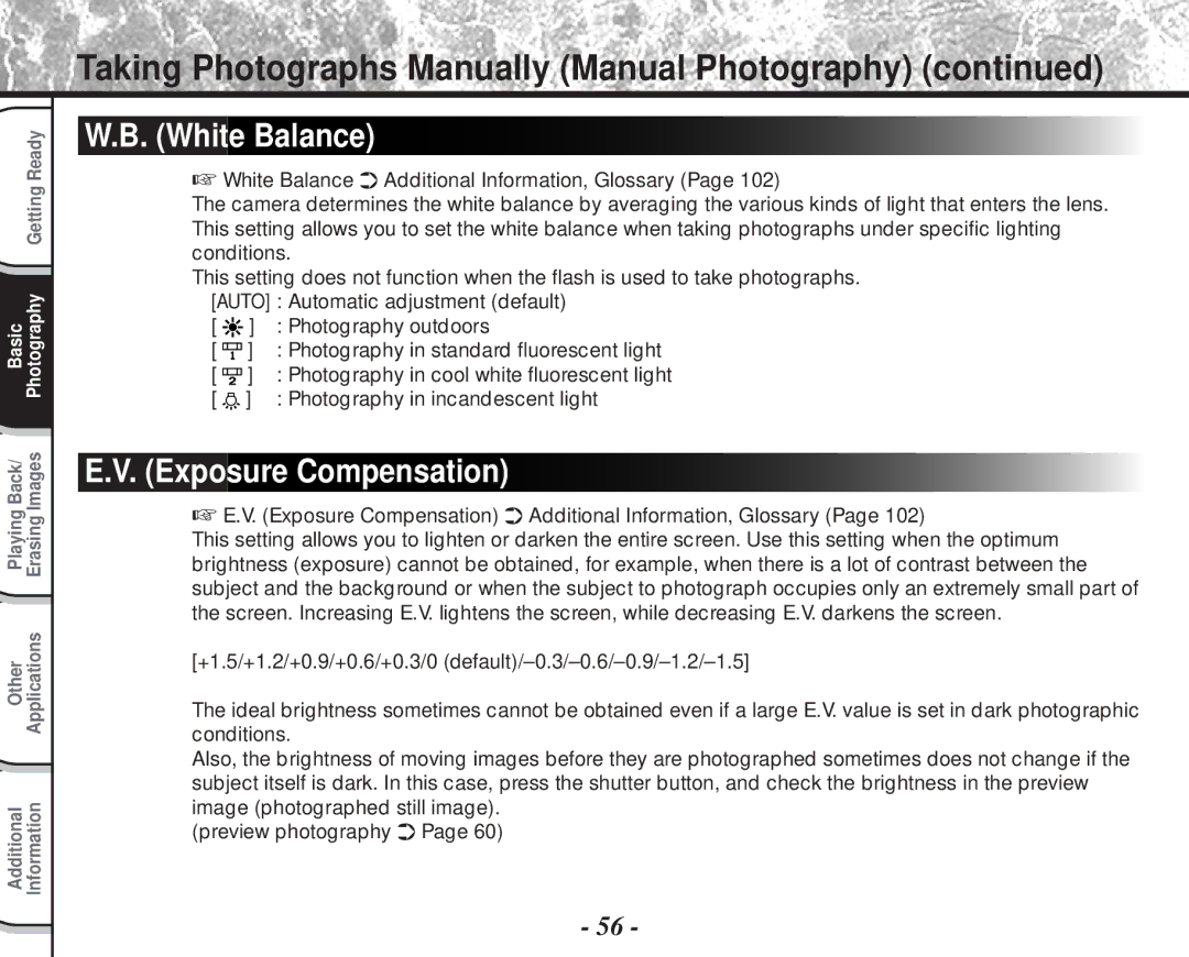 Toshiba PDR-M60 instruction manual White Balance, Exposure Compensation 