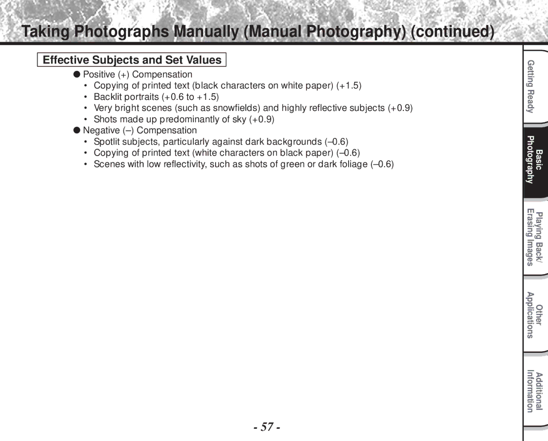 Toshiba PDR-M60 instruction manual Effective Subjects and Set Values 