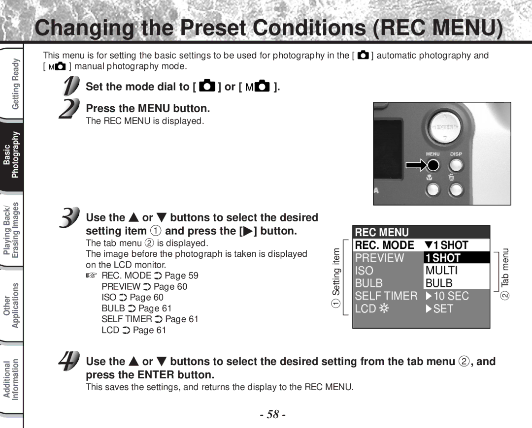 Toshiba PDR-M60 Changing the Preset Conditions REC Menu, REC Menu REC. Mode Shot, REC Menu is displayed, Tab menu 