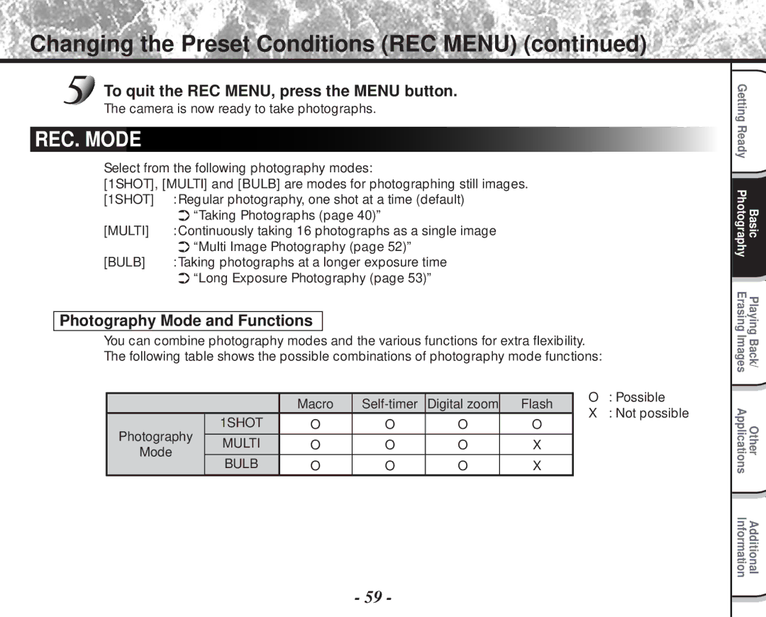 Toshiba PDR-M60 Changing the Preset Conditions REC Menu, To quit the REC MENU, press the Menu button, Flash Possible 