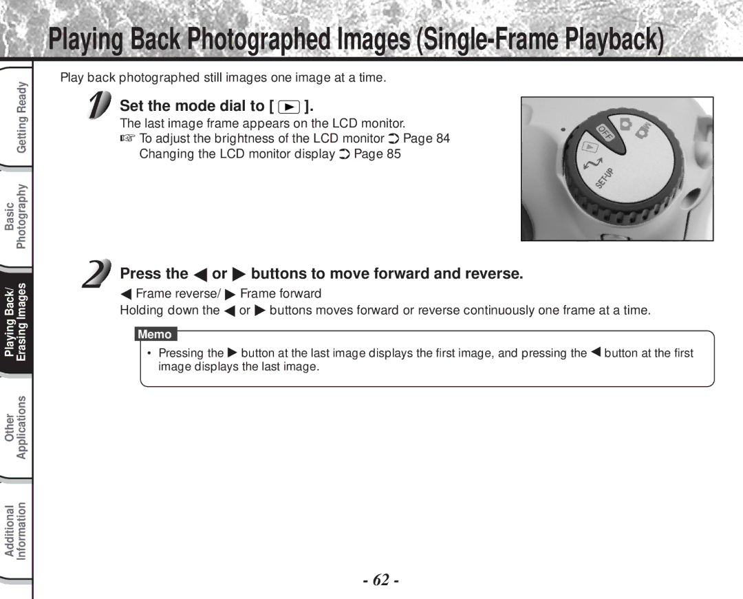Toshiba PDR-M60 Press the or buttons to move forward and reverse, Play back photographed still images one image at a time 