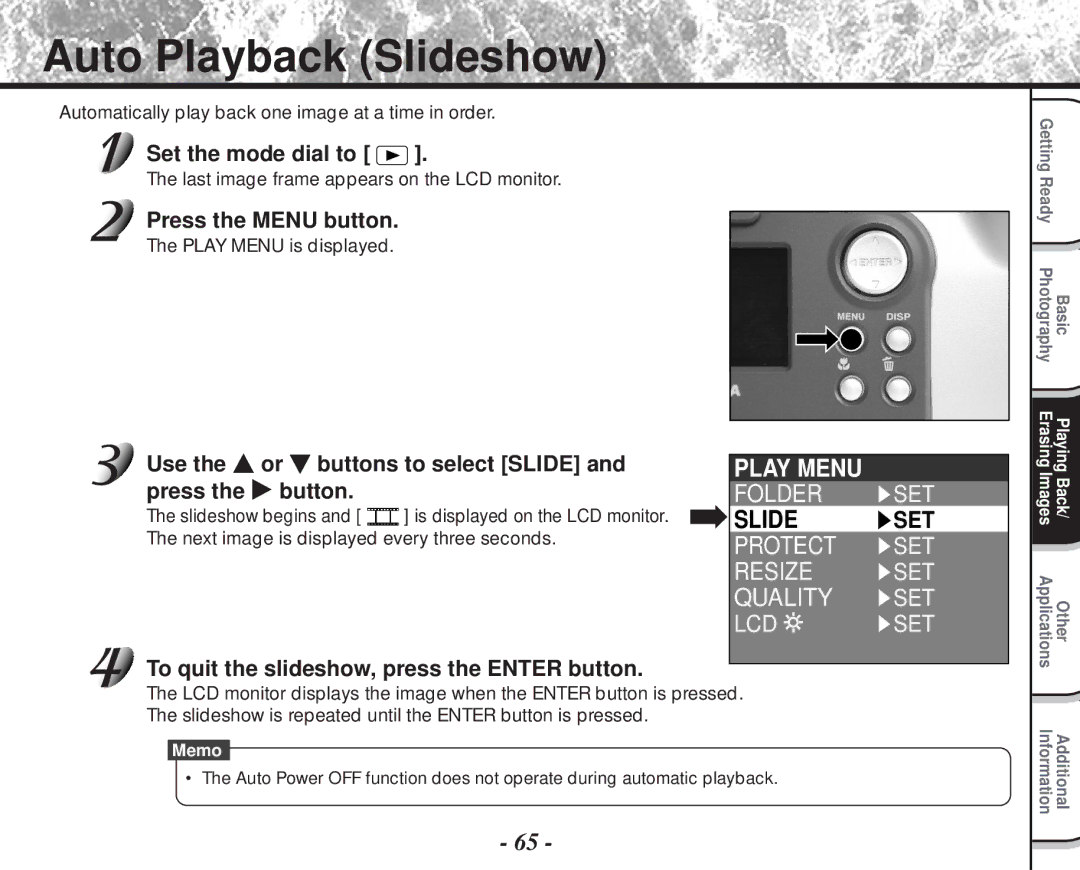 Toshiba PDR-M60 Auto Playback Slideshow, Play Menu, Slide SET, Use Or buttons to select Slide Press Button 