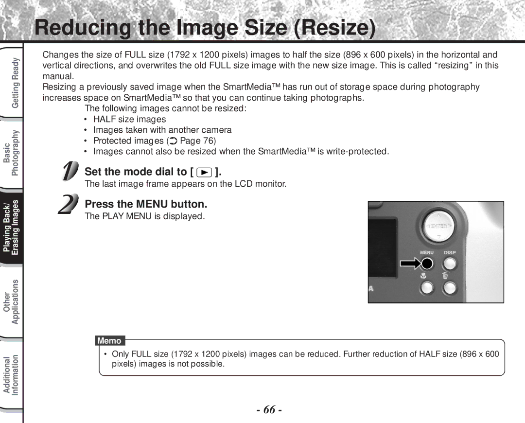 Toshiba PDR-M60 instruction manual Reducing the Image Size Resize 