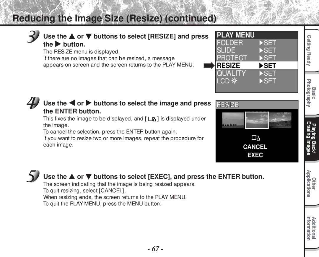 Toshiba PDR-M60 instruction manual Reducing the Image Size Resize, Resize SET 