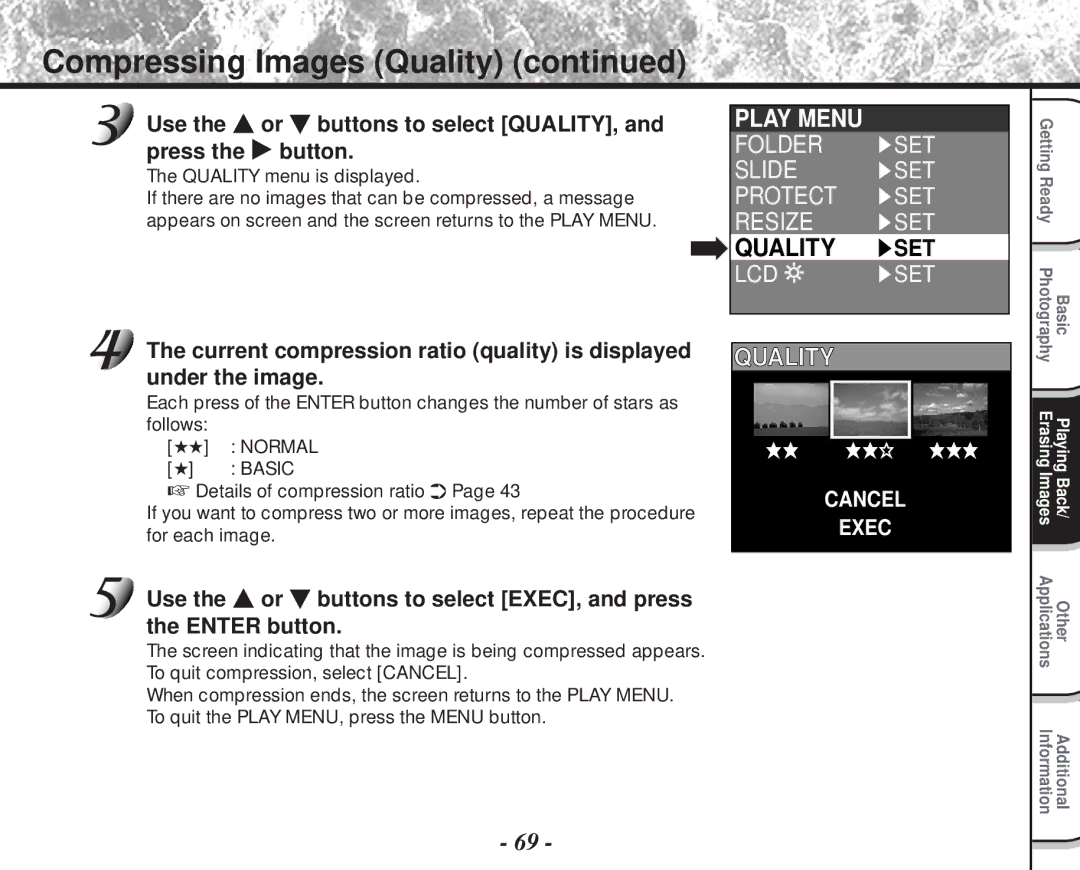 Toshiba PDR-M60 instruction manual Compressing Images Quality, Quality SET, Use Or buttons to select QUALITY, Press Button 