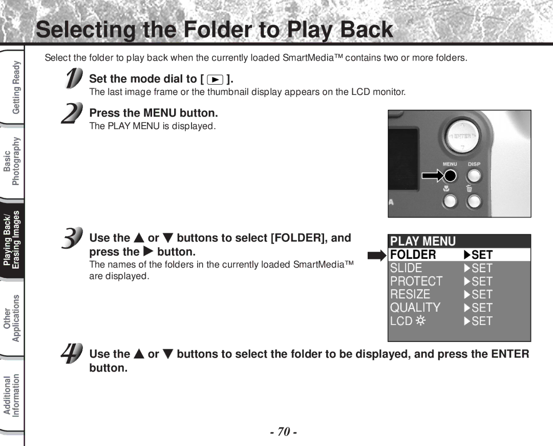 Toshiba PDR-M60 instruction manual Selecting the Folder to Play Back, Use Or buttons to select FOLDER, Press Button 