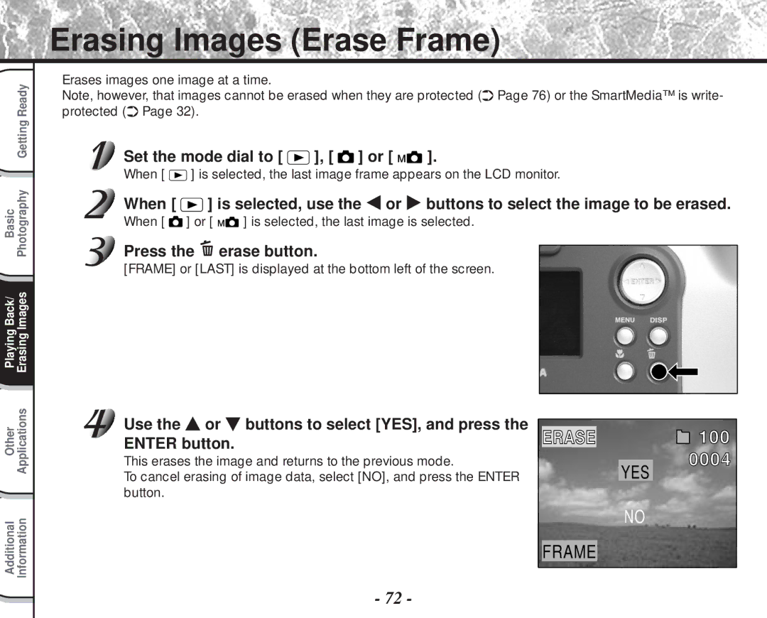 Toshiba PDR-M60 instruction manual Erasing Images Erase Frame, Set the mode dial to , or, Press the erase button 