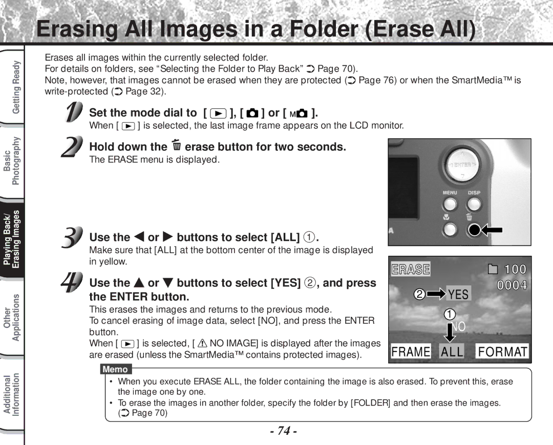 Toshiba PDR-M60 instruction manual Erasing All Images in a Folder Erase All, Hold down the erase button for two seconds 