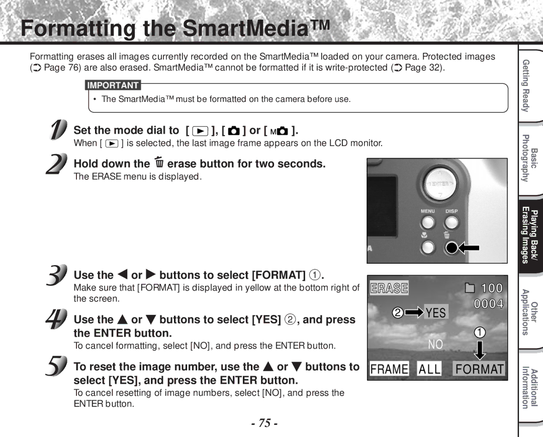 Toshiba PDR-M60 instruction manual Formatting the SmartMedia, Use the or buttons to select Format 