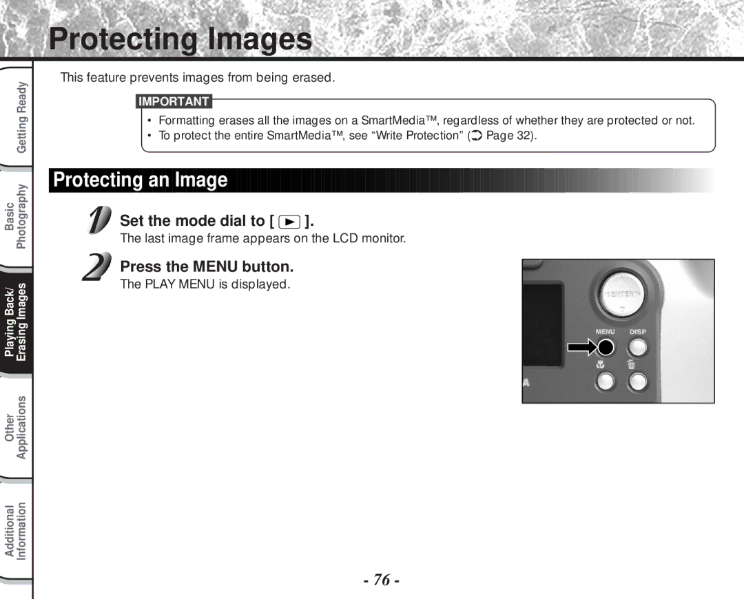 Toshiba PDR-M60 instruction manual Protecting Images, Protecting an Image, This feature prevents images from being erased 