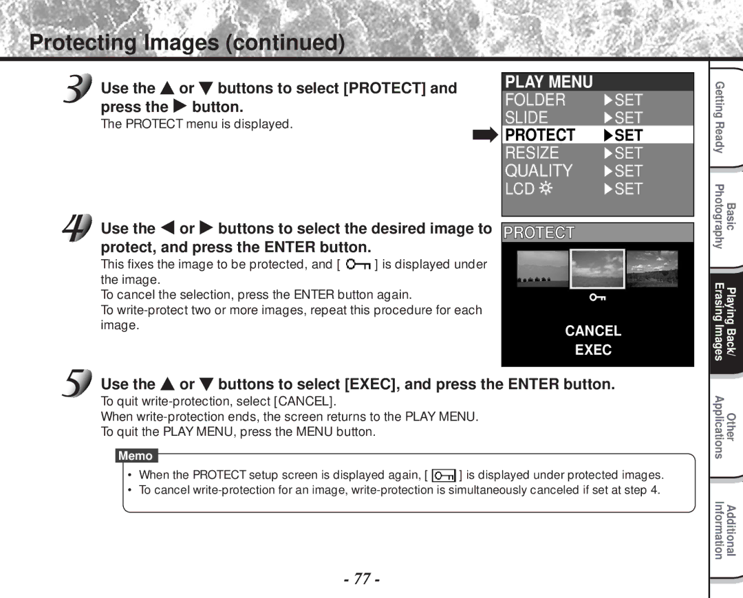 Toshiba PDR-M60 Protecting Images, Use the or buttons to select Protect and press the button, Protect menu is displayed 